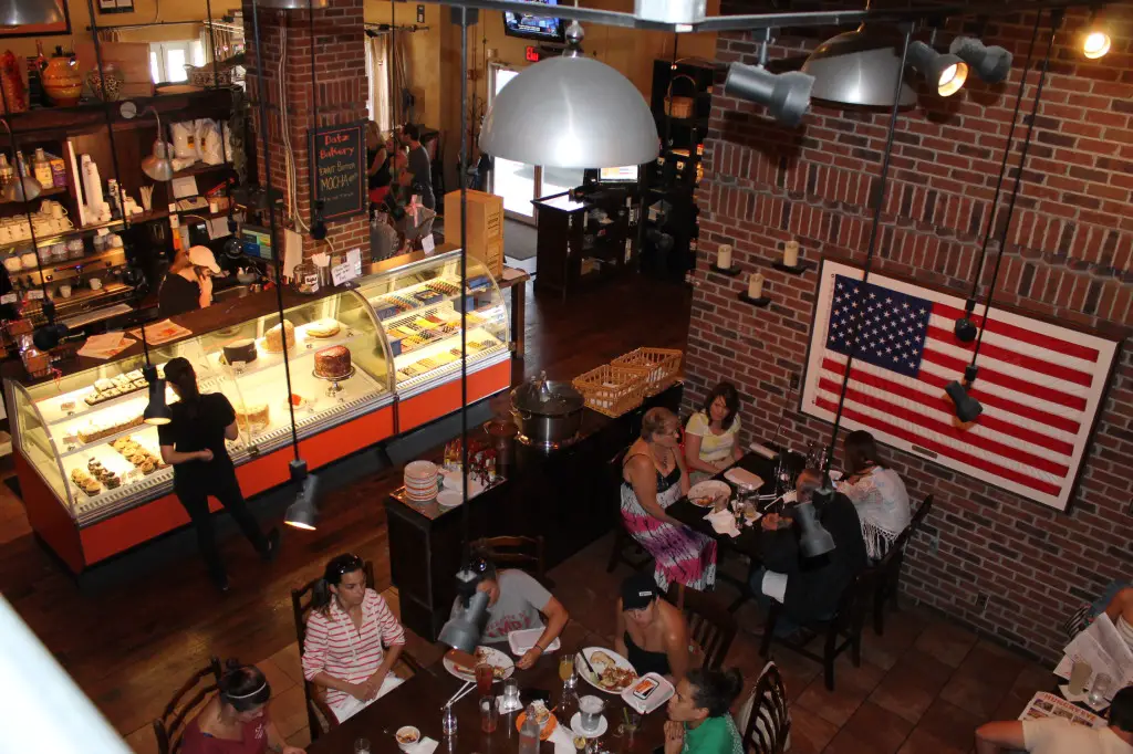 restaurant interior with US flag