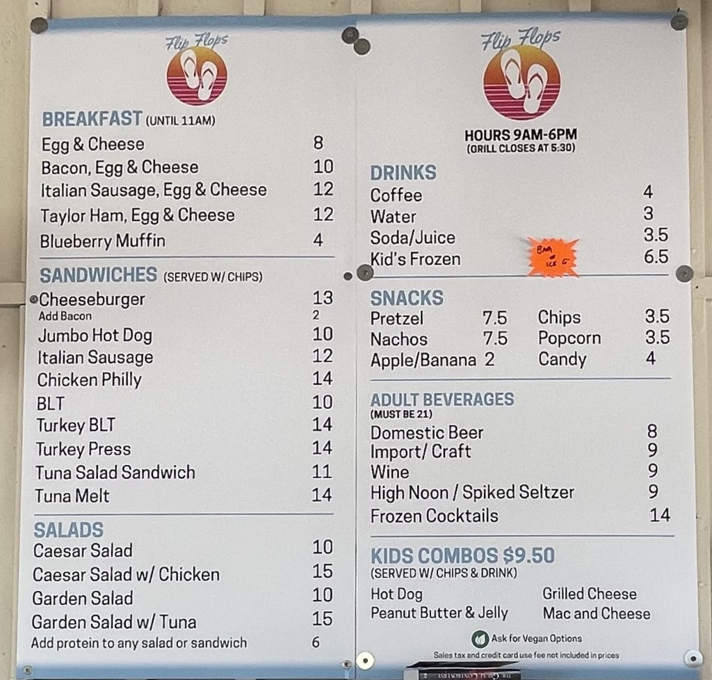 Flip Flops Beach Grill menu at Lowdermilk Beach in Naples Florida with breakfast, sandwiches, snacks, drinks and kids meals