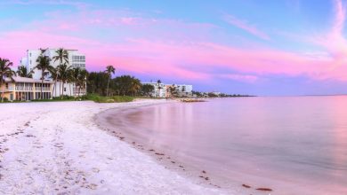 Lowdermilk Beach in Naples Florida at sunset with white sand, calm Gulf water and pastel pink sky