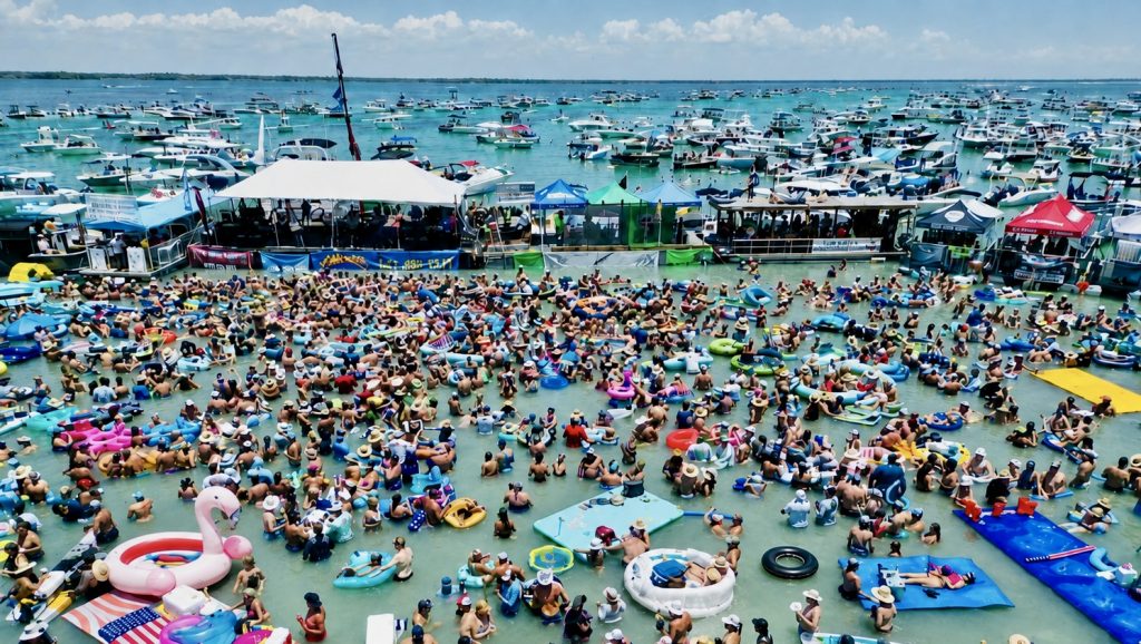 Crowded Boca Grande sandbar during the Boca H2O Music Festival with boats anchored in shallow turquoise water