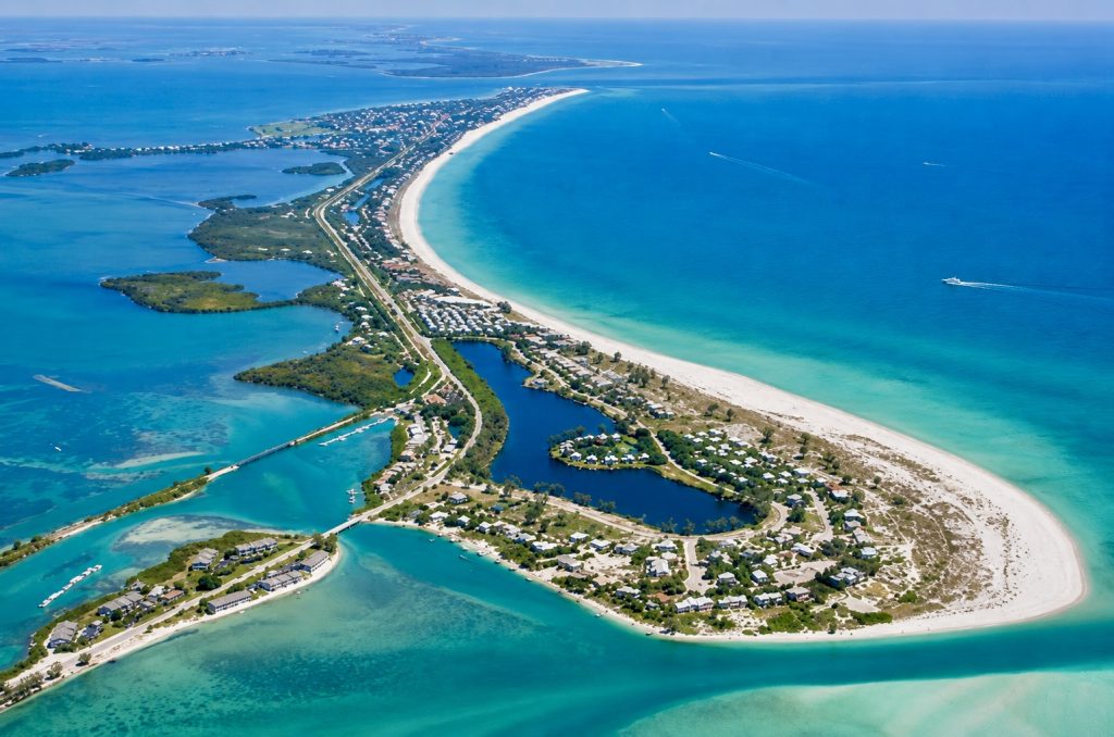 Aerial view of Boca Grande on Gasparilla Island with turquoise water, white sand beaches, and coastal