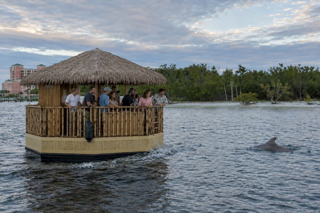 Tiki boat dolphin tour in Cape Coral with passengers watching a dolphin swimming near the boat at sunset