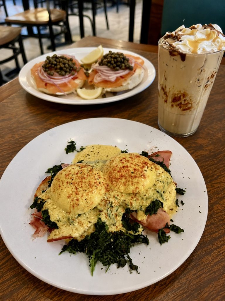Eggs Benedict, bagels with lox, and iced coffee at The Perfect Cup in Matlacha Florida.
